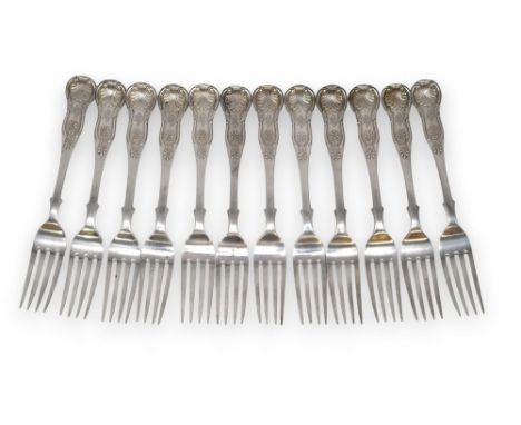A SET OF TWELVE SCOTTISH SINGLE STRUCK KINGS PATTERN SILVER TABLE FORKS by&nbsp;Mackay, Cunningham &amp; Co, Edinburgh 1872, 