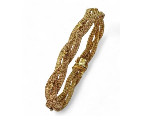 A WOVEN CHAIN BRACELET made in bright yellow metal stamped 750 ASIAGOLD. Length 19.5cm, weight 20.2gms Condition Report:Avail