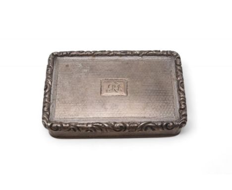 A WILLIAM IV SILVER SNUFF BOX by George Reid, London 1832, of rectangular form, with engine-turned decoration to the lid, mon