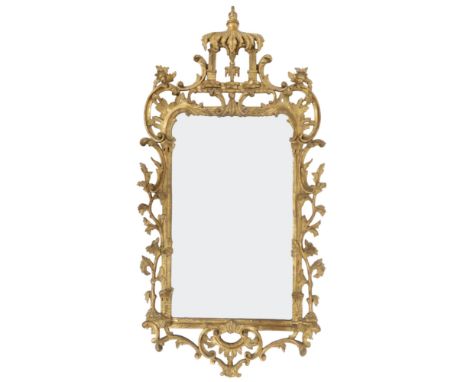 A GEORGIAN STYLE GILTWOOD CHINESE CHIPPENDALE WALL MIRROR&nbsp; with stylized carved pagoda surmount over rectangular mirror 