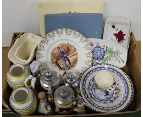 A box of mixed ceramics including figurines, Poole plate etc
