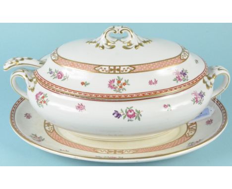 A large Booths tureen with lid, ladle and plate, tureen 38cm long (staining to bottom plate)