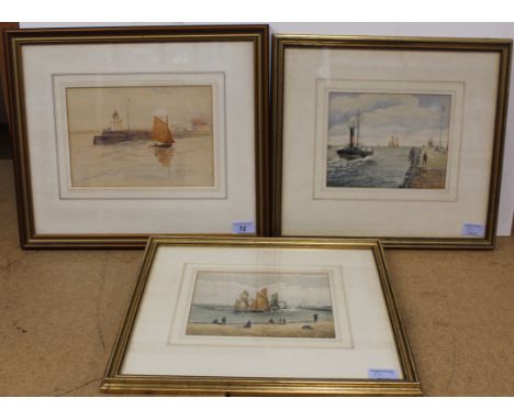 A pair of framed watercolours of fishing smacks and a paddle tug leaving Gorleston harbour, signed 'W R Poll' plus a framed w