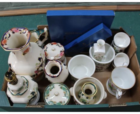 A selection of vintage Masons Mandalay and Chartreuse vases, pots and jugs plus a Wedgwood boxed plate, cake knife and Portme