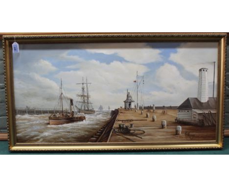 A large framed oil on canvas 'The Old Pilot House and South Pier Gt Yarmouth' by K W Hastings, commissioned in 1980 (details 