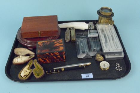 Mixed items including a Parker fountain pen and ink cartridges, two cased carved Meerschaum cheroot bowls, a tortoiseshell bo