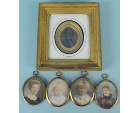 Four framed Victorian picture miniatures plus a framed portrait (this having damage to picture)