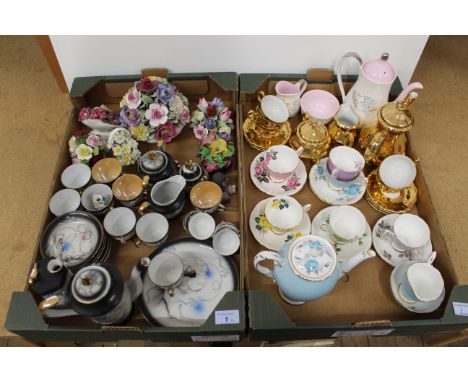 Two boxes of mixed ceramics including mixed maker posies, various cups and saucers etc