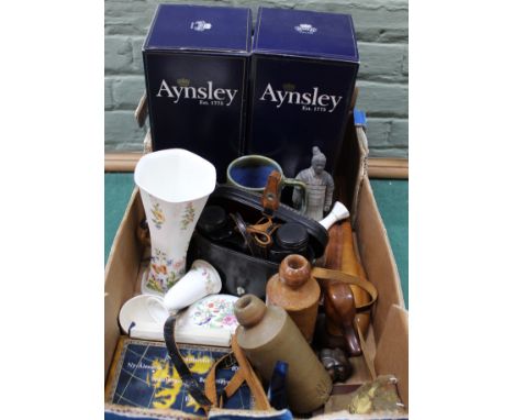 A box of mixed items including boxed and loose Aynsley china, two R Whites stoneware bottles, binoculars, Stennett wildlife s