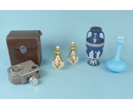 A pair of small Wedgwood hand painted vases (small loss to both lids), a blue jasper vase, opaline blue glass vase and a case