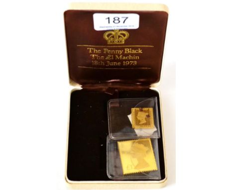 'Penny Black' &amp; 'Machin Portrait £1' Replica Stamps, struck by RM &amp; issued by Hallmark Replicas 1973, both 22ct gold;