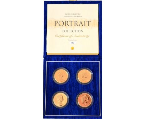Elizabeth II (1952-), Gold Proof five pounds (4) 'Portrait Collection', 1984, 1985, 1988 and 2003. As struck in Royal Mint ca