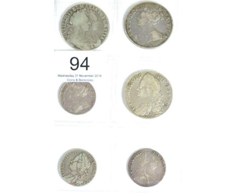 British early milled silver coins (6), William and Mary (1688-1694), halfcrown, 1689 first busts, rev. first shields, edge PR