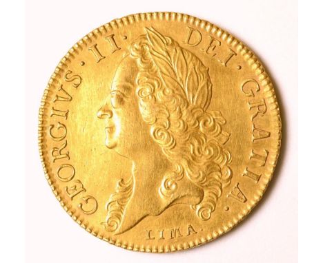 George II (1727-1760), Five Guineas, 1746, old laur. head left, Lima below, edge D.NONO, (S.3665). A few minor marks, good ve