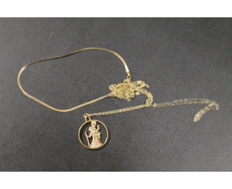 A HALLMARKED 9CT GOLD ST CHRISTOPHER ON CHAIN = APPROX WEIGHT 3.2 G TOGETHER WITH TWO FINE YELLOW METAL CHAINS
