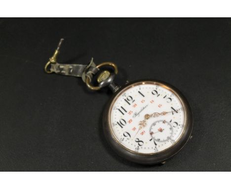 A LARGE OPEN FACED MANUAL WIND REGULATEUR POCKET WATCH WITH KEY