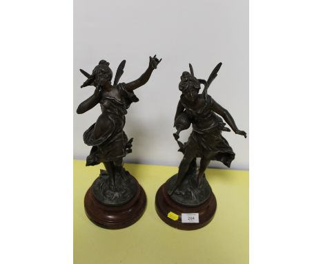 TWO MODERN SPELTER / BRONZE EFFECT FEMALE CHERUBIC / WINGED NYMPH FIGURES