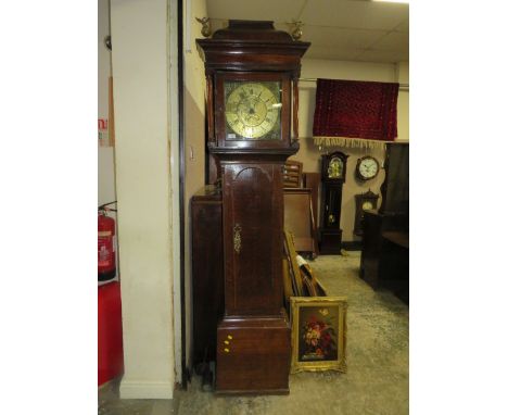 AN ANTIQUE BRASS FACED RICHARD SCHOFIELD 30 HOUR LONGCASE CLOCK - PENDULUM AND WEIGHT