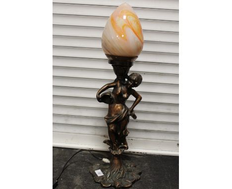 A MODERN COLOUR GLASS SHADE FIGURATIVE LAMP