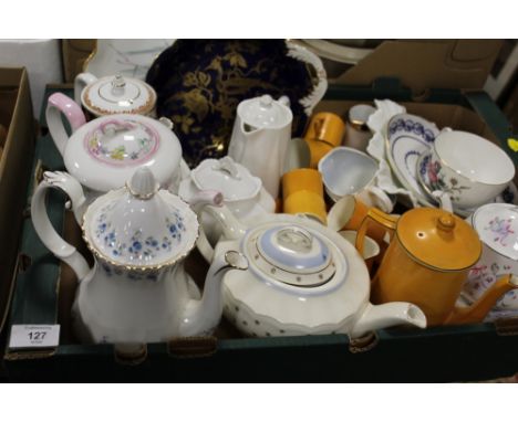 A TRAY OF ASSORTED CERAMIC COFFEE POTS ETC COALPORT, SHELLEY ETC 