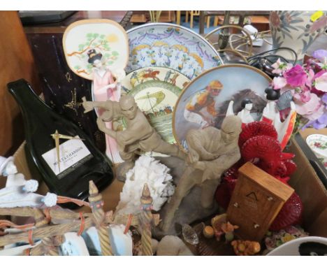 TWO TRAYS OF ASSORTED CHINA, CERAMICS AND GLASSWARE ETC TO INCLUDE NOVELTY MOET &amp; CHANDON CLOCK, JAPANESE FIGURES ETC