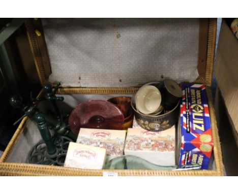 A WICKER HAMPER AND CONTENTS 