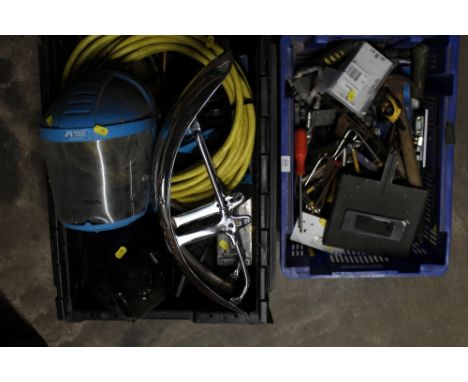 A BLUE CRATE OF ASSORTED TOOLS TOGETHER WITH A BLACK CRATE OF TOOLS TO INCLUDE WELDING MASK ETC.