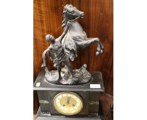 A SLATE MANTLE CLOCK WITH MARLEY HORSE SURMOUNT