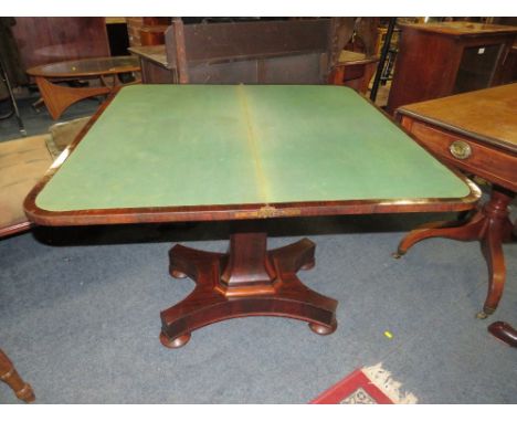 A 19TH CENTURY ROSEWOOD FOLD-OVER CARD TABLE ON AN OCCASIONAL SHAPED COLUMN W-91 CM