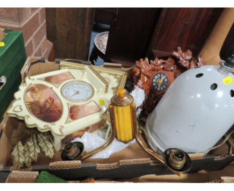 A TRAY OF CLOCKS AND LIGHT FITTINGS ETC TO INCLUDE  A MODERN CUCKOO CLOCK AND AN ART DECO LIGHT 