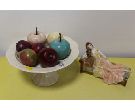 A CERAMIC COMPORT, MARBLE &amp; CERAMIC PIECES OF FRUIT, TOGETHER WITH A ROYAL WORCESTER 'MEMORIES' FIGURES