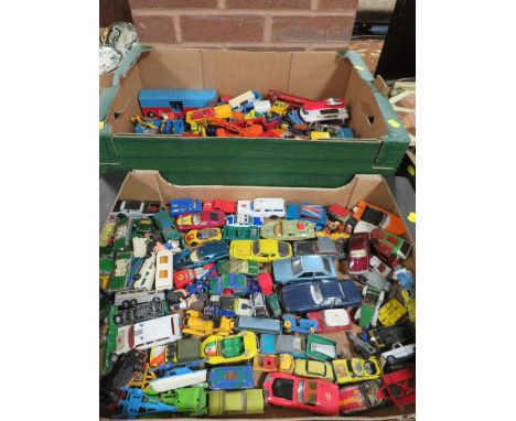 THREE TRAYS OF MAINLY VINTAGE DIE CAST CARS, TRACTORS, WAGONS, ARMY VEHICLES ETC TO INCLUDE DINKY, CORGI, AND A SMALL SELECTI