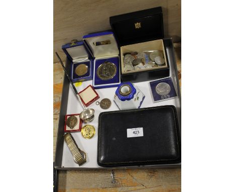 A QUANTITY  OF COINS, OLYMPIC MEDAL, LADLE ETC