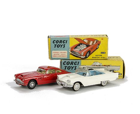 A Corgi Toys 218 Aston Martin DB4, red body, yellow interior, spun hubs with stickers, 215 Ford Thunderbird Open Sports, whit