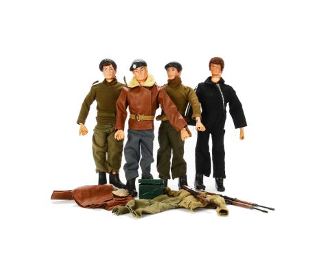 1970s Military Themed Palitoy Action Men, four figures, one with eagle eyes, together with No.34154 Tank Commander uniform, N