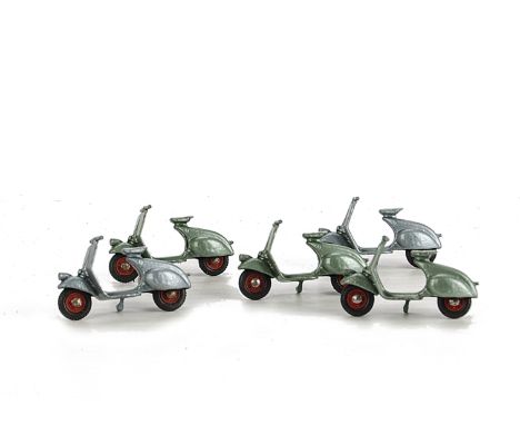 Benbros Vespa Scooters, five examples, three in light metallic green, two in light metallic blue, all with red plastic hubs, 