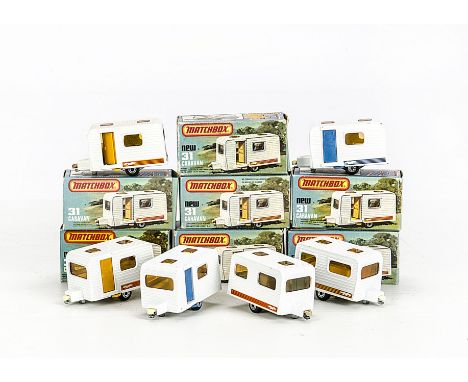 Matchbox Superfast MB-31C Caravan, seven examples, variations include light blue door, orange label, second dark blue door, n