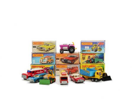 Matchbox Superfast MB-25B Mod Tractor, MB-50B Articulated Truck, MB-12C Big Bull, MB-11C Car Transporter, MB-74C Cougar Villa