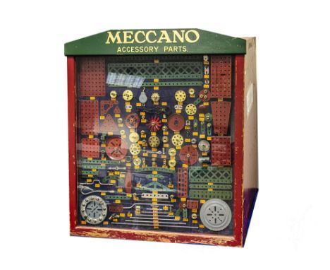 A rare circa 1934 Meccano Accessory Shop Display Cabinet, period glass front display and six drawers to rear, display includi