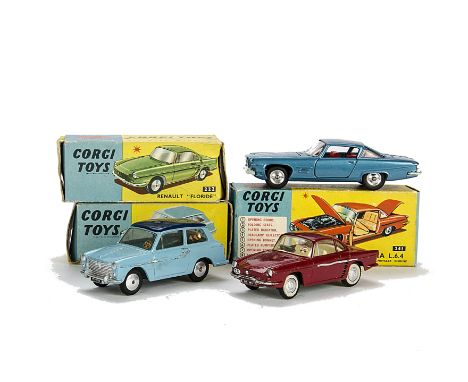 Corgi Toy Cars, 222 Renault Floride, maroon body, VG-E, 216 Austin A40 Saloon, light blue body, dark blue roof, VG-E, 241 Ghi