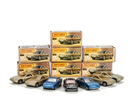 Matchbox Superfast MB-59D Porsche 928, seven examples, variations include metallic blue body, tan interior, silver painted ba