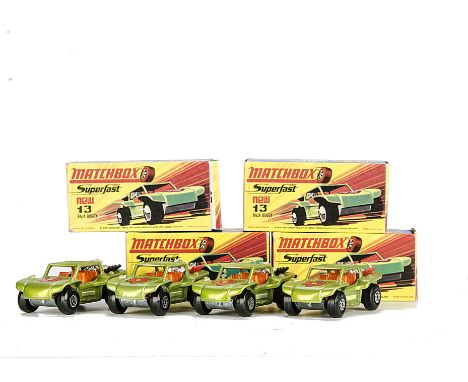 Matchbox Superfast MB-13B Baja Buggy, four examples, variations include light metallic green body, orange interior, red exhau