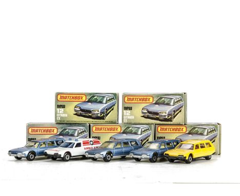 Matchbox Superfast MB-12D Citroën CX, five examples, variations include yellow body, red interior, black base, second light m
