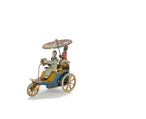 A Lehmann tinplate clockwork 345 New Century Cycle, in blue and yellow with grey passenger with hat and red and black seated 