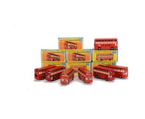 Matchbox Superfast MB-74A Daimler Bus, seven examples, variations include red body “Inn On The Park” labels, second red body,