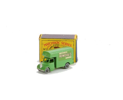 Matchbox Lesney 1-75 Series MB-17b Bedford Removals Van, light green body, silver trim, MW, in type B box, E, box G