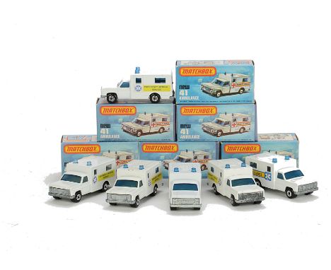 Matchbox Superfast MB-41C Ambulance, six examples, variations include “Ambulance” and cross labels, “Emergency Medical Servic