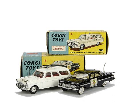 Corgi Toys Emergency Service Vehicles, 419 Ford Zephyr Motorway Police Patrol, E, 223 Chevrolet State Patrol, VG-E, in origin