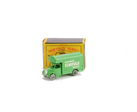 Matchbox Lesney 1-75 Series MB-17a Bedford Removals Van, light green body, silver trim, MW, in type B box, E, one chip, box G