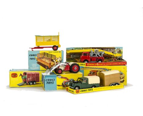 Corgi Toys Farm Models, 53 Massey-Ferguson 65 Tractor With Shovel, 58 Beast Carrier with three Calves, 64 Forward Control Jee